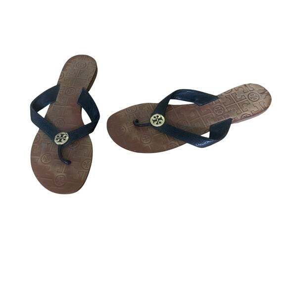 TORY BURCH THORA WOMENS BROWN WITH BLACK LEATHER FLIP FLOP MEDALLION SANDALS 8.5 - Picture 2 of 4
